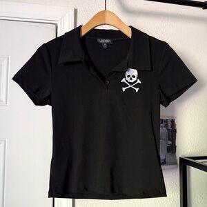 WIDOW black skull embroidered cotton knit short sleeve baby polo shirt